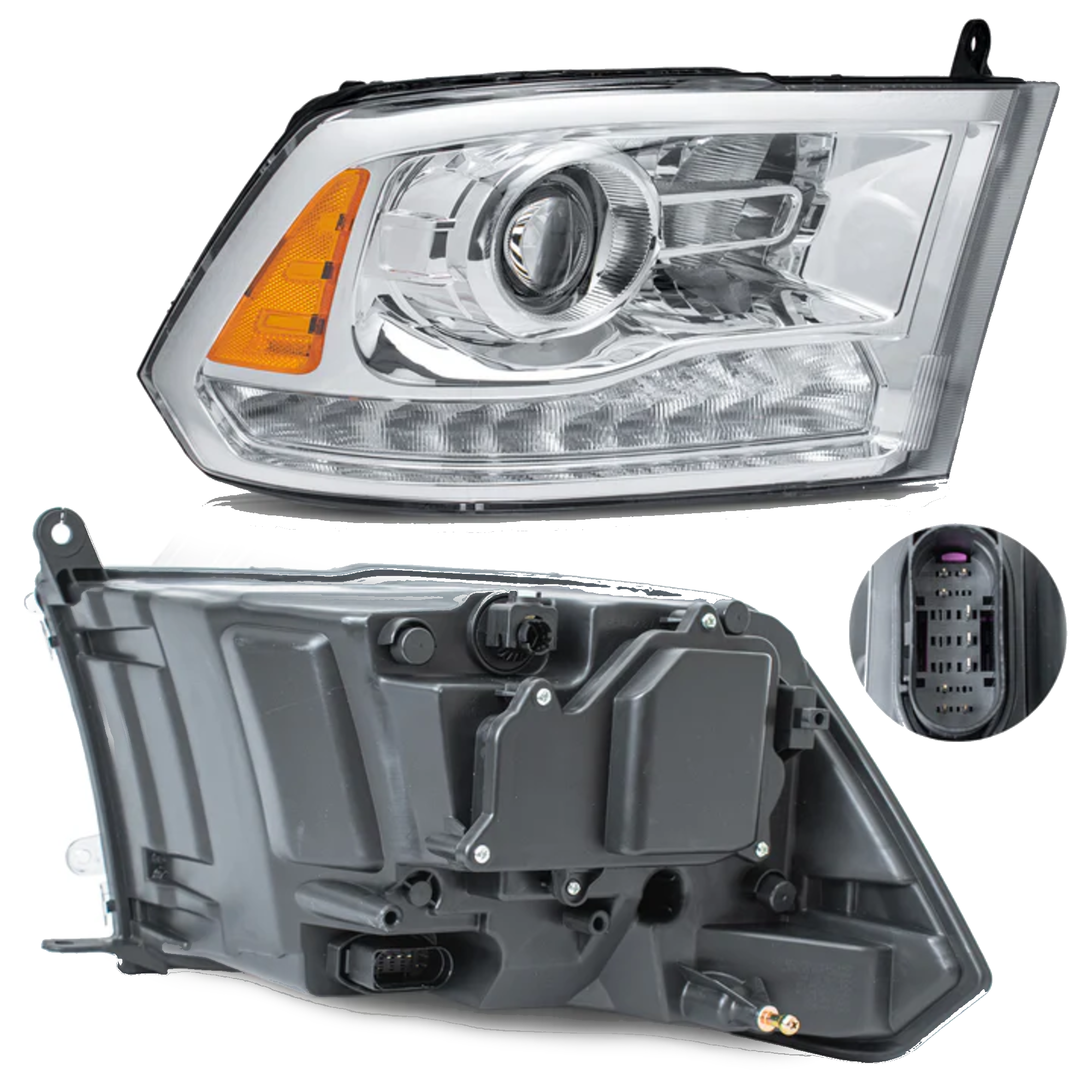 Faro Derecho Dodge Ram 2009–2023 Con lupa Con luz de dia Fondo Cromado