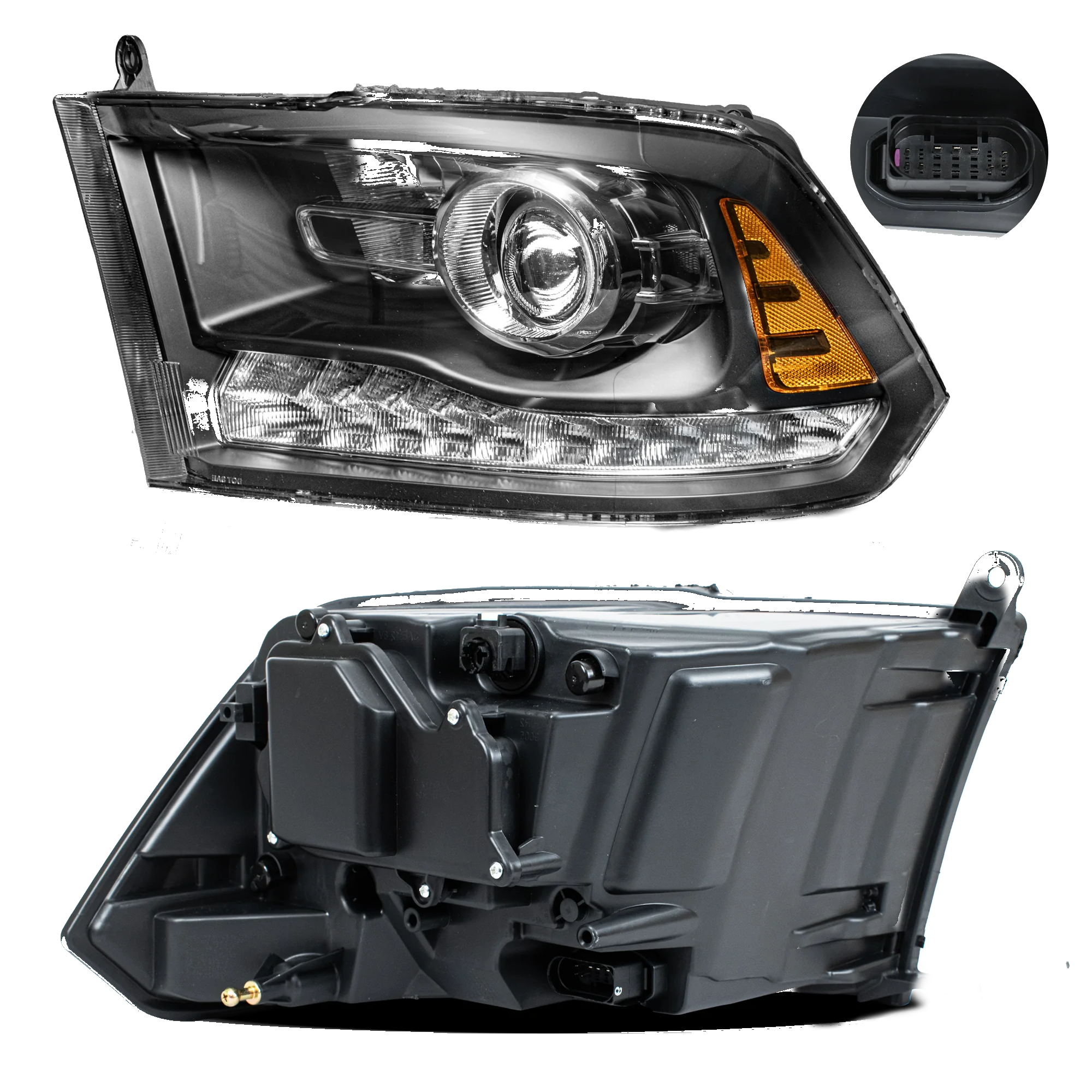 Faro Izquierdo Dodge Ram 2009–2023 Con lupa Con focos Con luz de dia Fondo Negro